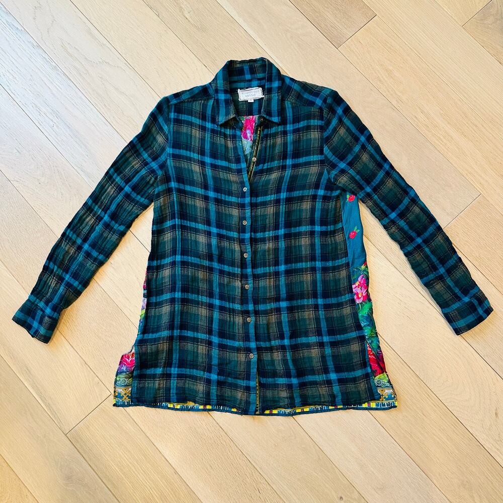 Johnny Was Workshop Floral Plaid Button Down Silk and Cotton Shirt Women’s Sz S